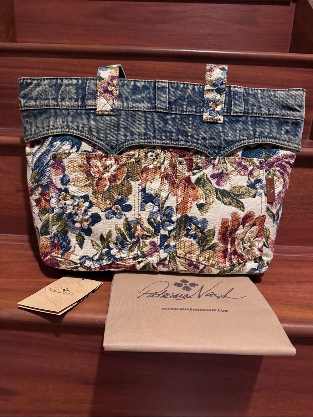Patricia Nash Denim-Trim Floral Tapestry Tote - Blue, Cream, Green, Rust